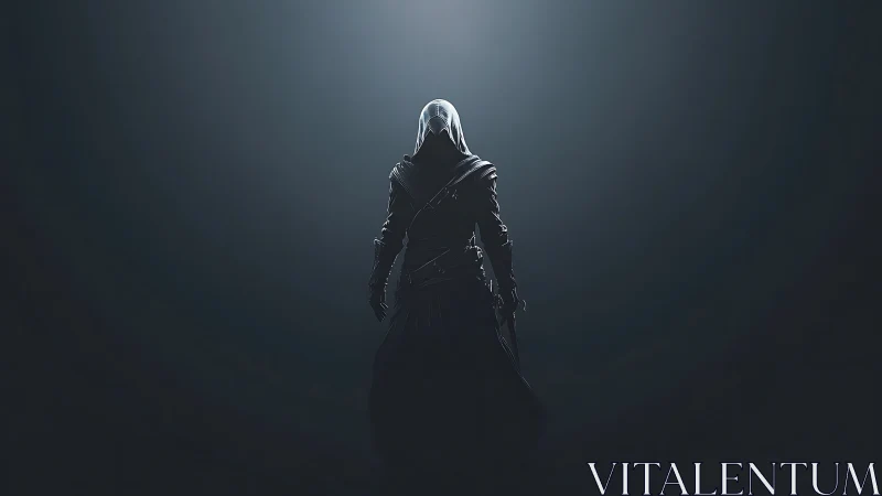 Hooded figure stands alone in dramatic backlighting