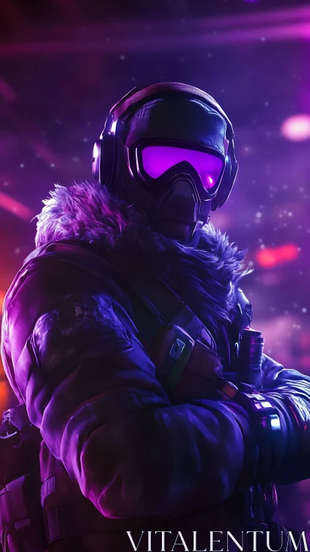 Spectral arctic operative in neon-illuminated tactical exosuit.