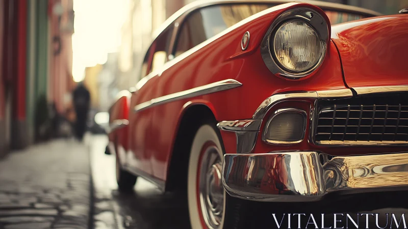Vintage red car parked on cobblestone city street at dusk.