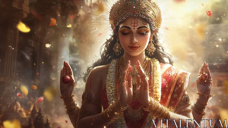 Hindu deity figure meditates with ornate jewelry and light