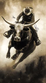 Bull rider explodes through dust in dramatic sepia scene.