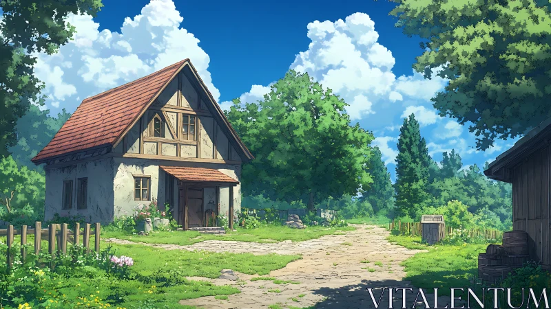 Rural cottage beside dirt path under midday summer sky.