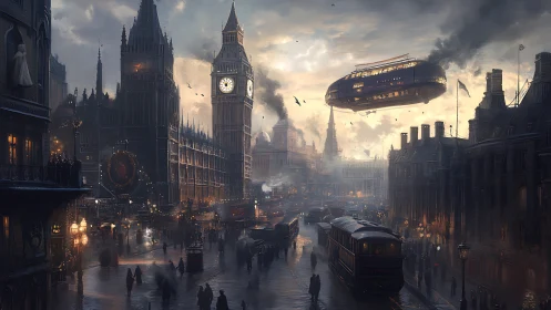 Steamlit London dusk with floating airship and busy streets.