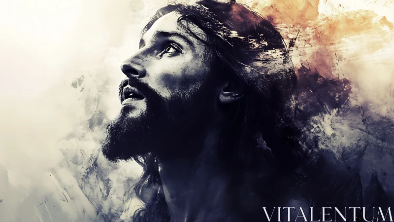 Bearded man gazes upward in radiant abstract light