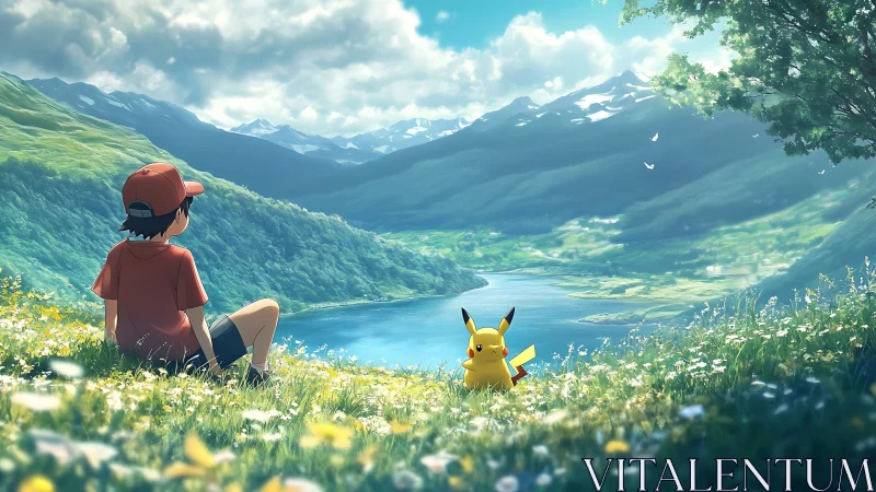 Trainer and Pikachu resting above calm mountain lake.
