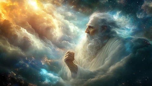 Elderly bearded man in glowing cosmic clouds, profile view.