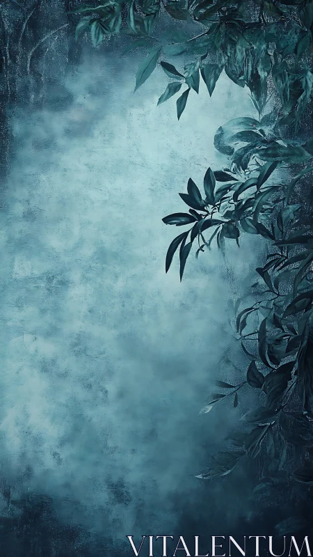 Vertical foliage silhouette borders textured blue background