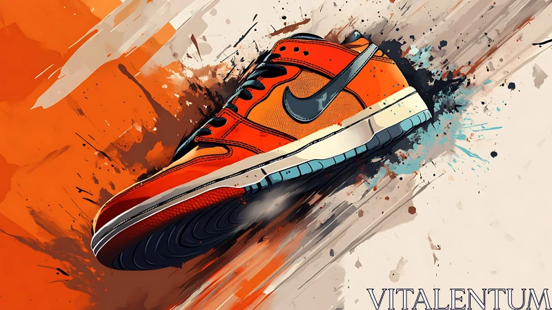 Dynamic orange sneaker illustration with bold paint splashes.