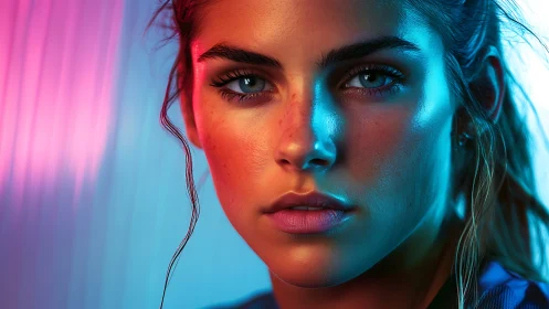 Intense portrait under neon cyan and magenta split lighting.