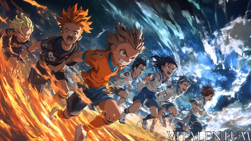 Dynamic anime soccer sprint contrasts firelit pitch and sky