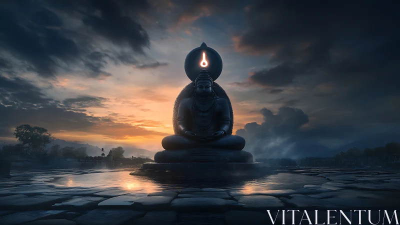 Monumental yogi statue centers tranquil dusk waterscape.