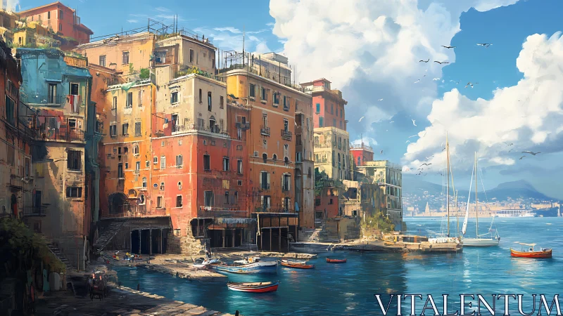 Sunlit harbor homes rise brightly above calm blue water