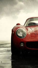 Red vintage sports car in rain on reflective wet asphalt.