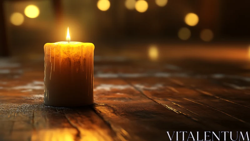 Luminescent paraffin wax candle with trailing melt patterns on wooden surface.