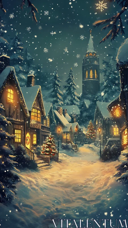 Snowy Christmas village glows warmly under a starry night sky