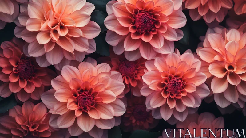 Layered Dahlia Blooms in Coral and Rose Tones.