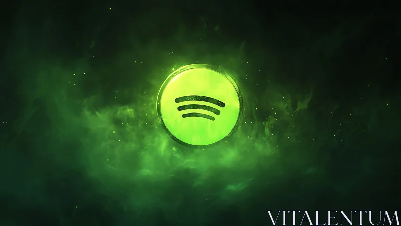 Glowing green music symbol drifts in a dreamy digital mist