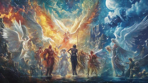 Winged figures divide fiery and lunar skies in balanced tableau