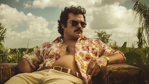 Relaxed man reclines in tropical garden under moody sky