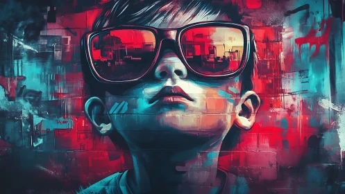 Urban portrait of boy in red sunglasses on neon wall.