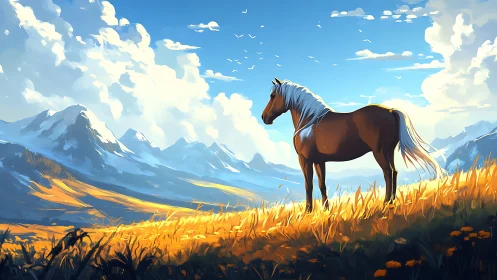 Majestic chestnut horse surveys glowing alpine meadow.