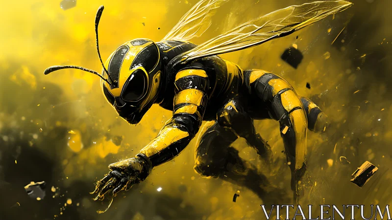 Armored humanoid wasp in dynamic yellow motion field