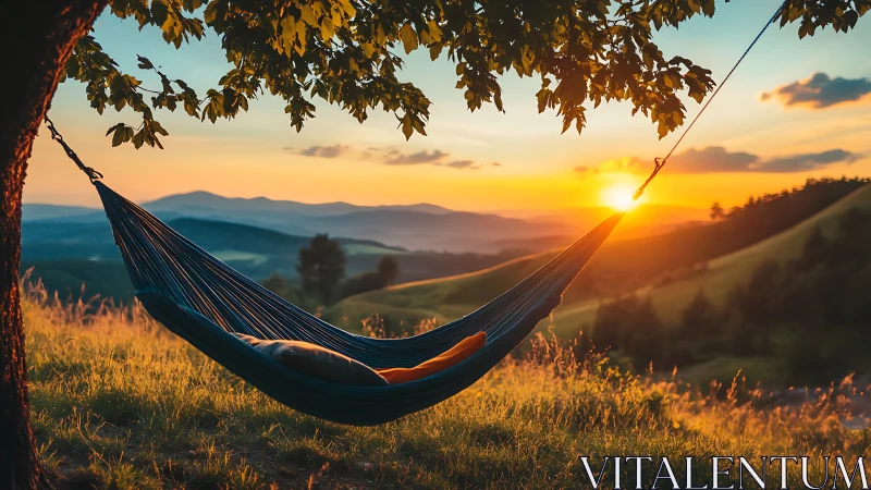 Hammock suspended under tree overlooking hilly sunset view.
