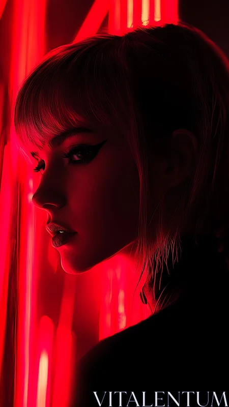 Profile portrait in red neon side lighting at night.
