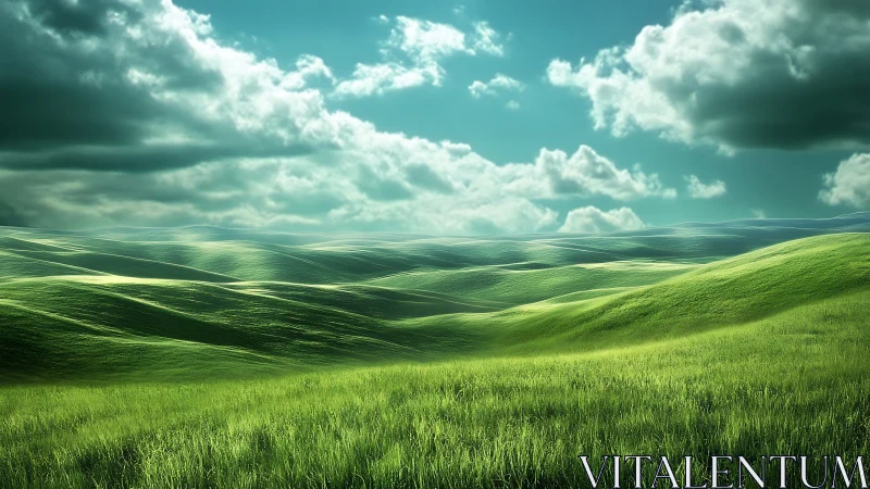 Digitally rendered rolling grass hills under dense cloud cover