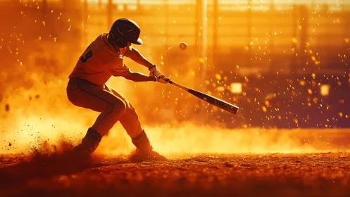 Backlit baseball hitter drives ball through glowing dust field.