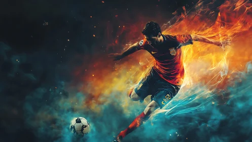 Fiery soccer striker bursts through swirling blue smoke.