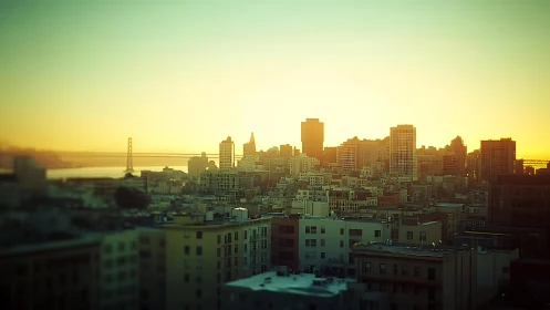 Sunlit urban skyline with suspension bridge in warm haze glow