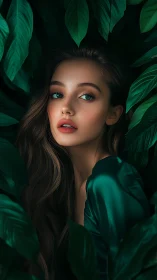Digital portrait of woman framed by lush emerald foliage.