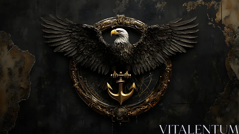 Metallic eagle emblem with anchor over corroded textured wall