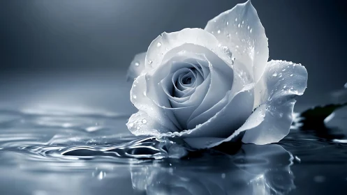 Silver dawn rose drifting on mirror-still water.