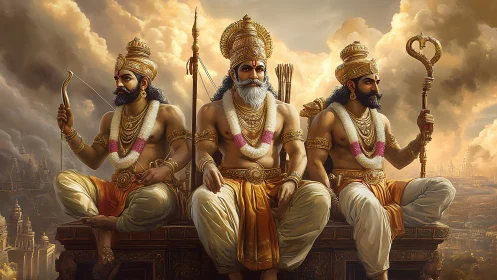 Mythic warrior triad crowns ancient golden skyline.