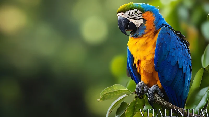 Vibrant Blue-and-Yellow Macaw on Branch in Lush Natural Setting.