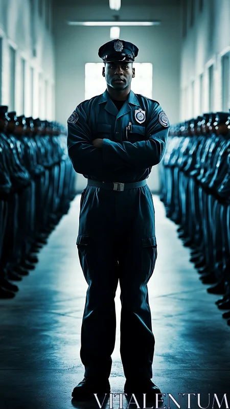 Confident police officer standing tall among uniformed ranks.