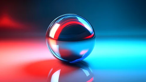 Glass sphere rests on reflective surface under neon light