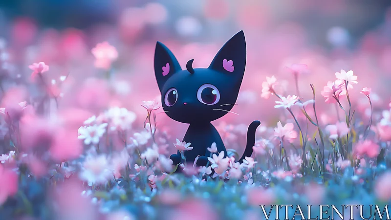 Soft-eyed black kitten enjoys a dreamy pink flower meadow