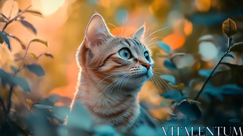 Tabby Cat with Blue Eyes in Golden Garden Light.