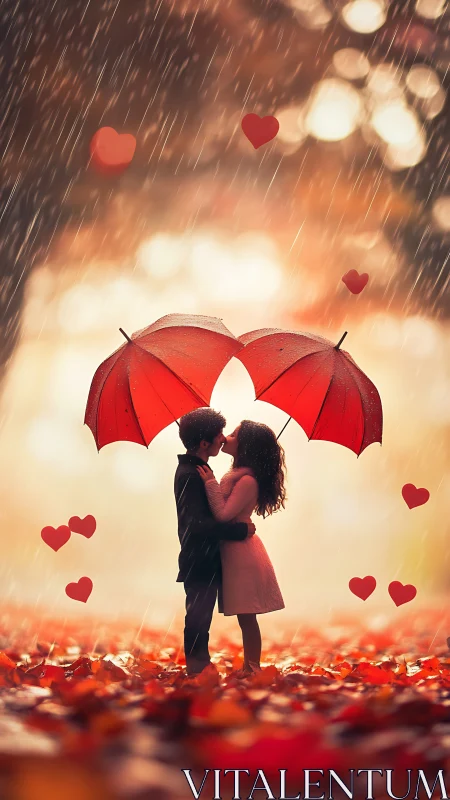 Two Hearts Find Love Under Red Umbrellas in the Rain