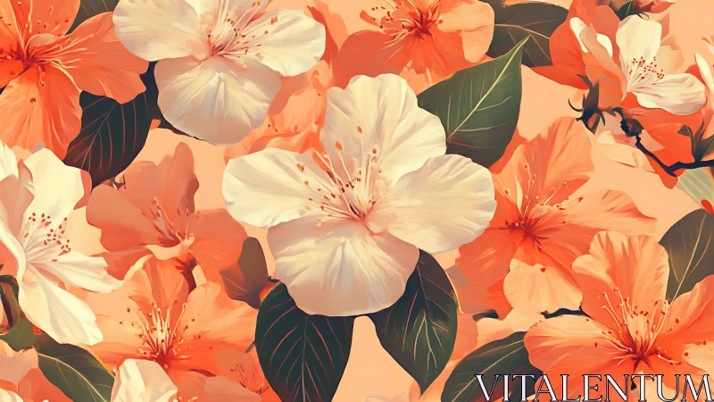 Vibrant Orange and Cream Flowers Bloom in Dense Floral Pattern.