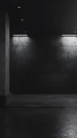 Dark minimalist concrete interior with focused spotlights.