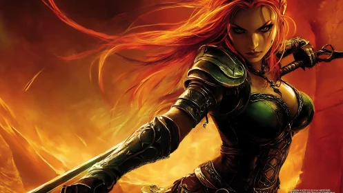 Fiery warrior heroine charges through a blazing fantasy battle