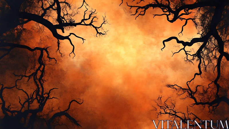 Silhouetted tree branches encircle incandescent sky aperture.