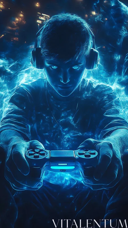 Intense blue gamer portrait with glowing controller focus.