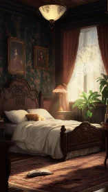 Sunlit Victorian bedroom glows around an unmade bed.
