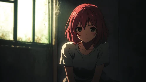 Anime girl sits in dim interior as side light defines contour