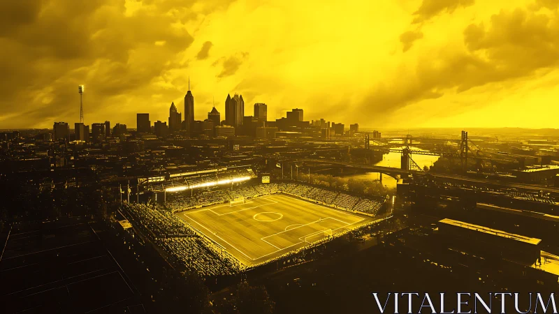 Golden city skyline over illuminated football stadium